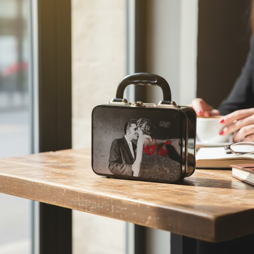 This black lunchbox or purse with pictures front and back of Elvis Presley - Picture 8 of 8